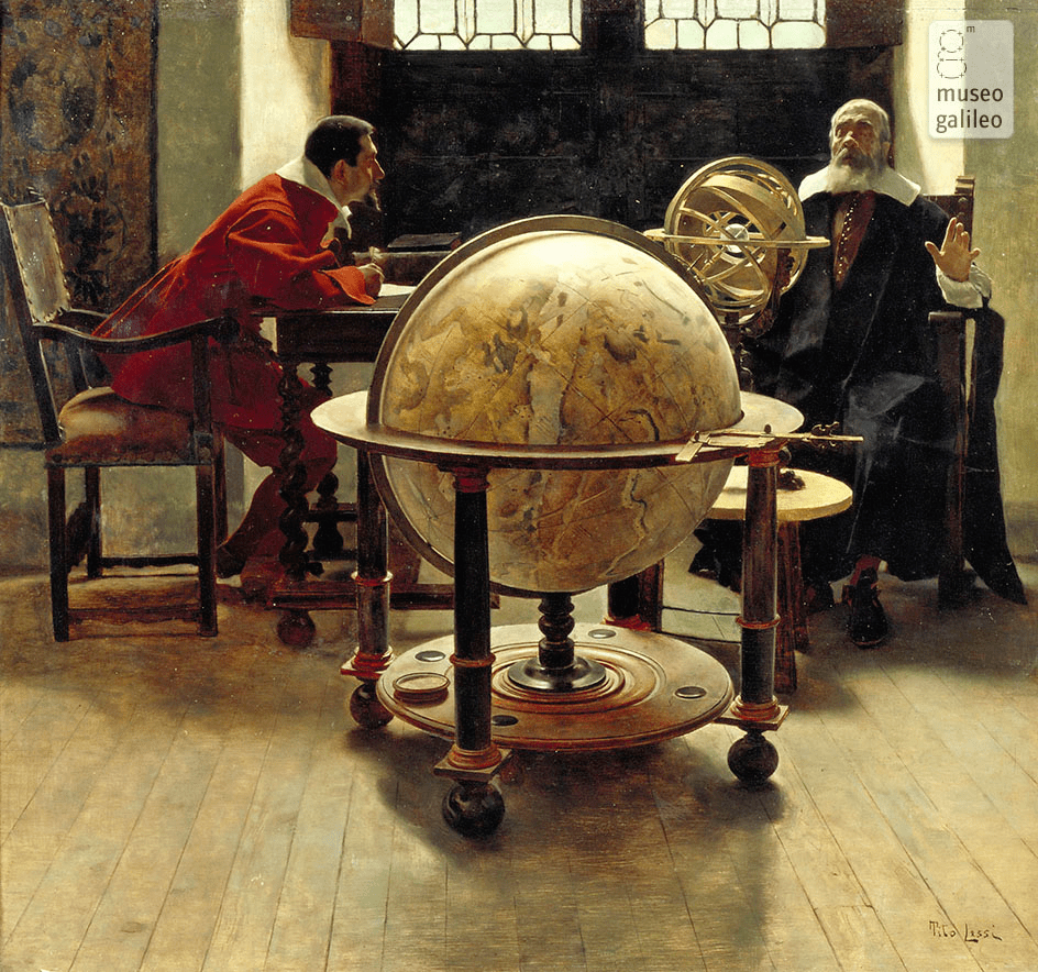 Tito Lessi's painting shows Galileo in old age with Vincenzo Viviani.
A younger man, dressed in red sits opposite an older man dressed in black, at either end of a table. The younger is leaning forward, and might be asking a question of older.
In front of the table, a globe and astrolabe.